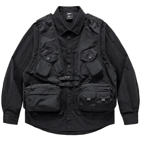 VIP机能长袖衬衫外套男多口袋马甲工装衬衣设计感小众假两件上衣商品大图