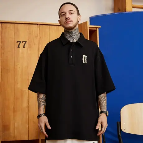 潮牌大码男装胖子反领纯棉简约百搭宽松加肥加大短袖POLOt恤半袖图片