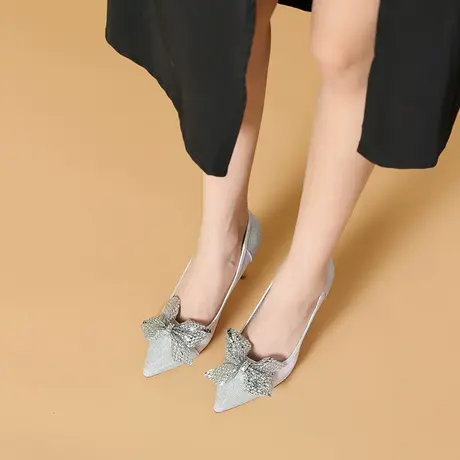 尖头水钻高跟鞋女细跟2023年春夏季新款性感蝴蝶结不累脚礼服单鞋商品大图