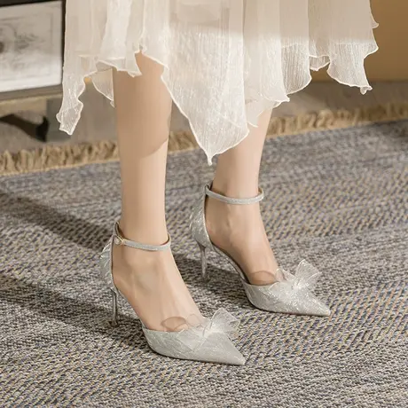 银色高跟鞋女细跟2023年夏季新款尖头蝴蝶结凉鞋性感一字扣带单鞋商品大图