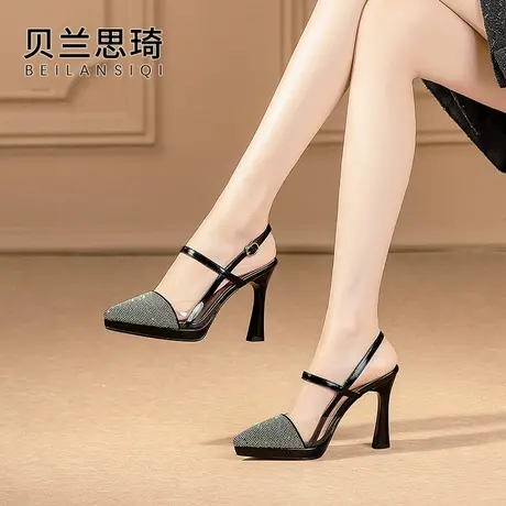 水钻一字带尖头防水台高跟鞋女2023春夏季新款后空包头粗跟凉鞋商品大图