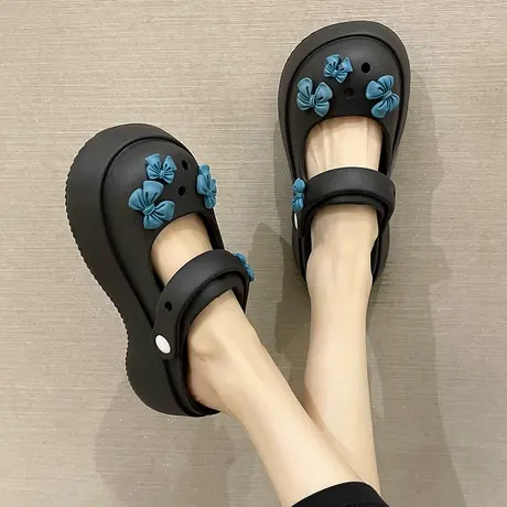 洞洞鞋凉鞋女外穿夏季可爱蝴蝶结松糕厚底增高两穿防滑包头拖鞋商品大图