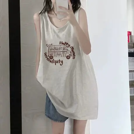 美式复古纯棉吊带运动坎肩背心无袖t恤女夏季外穿宽松篮球服上衣图片