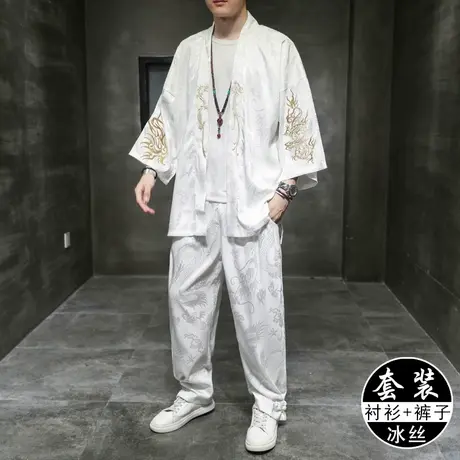 秋薄款冰丝感绸缎汉服开衫古风青年套装男宽松中国风刺绣道袍唐装图片