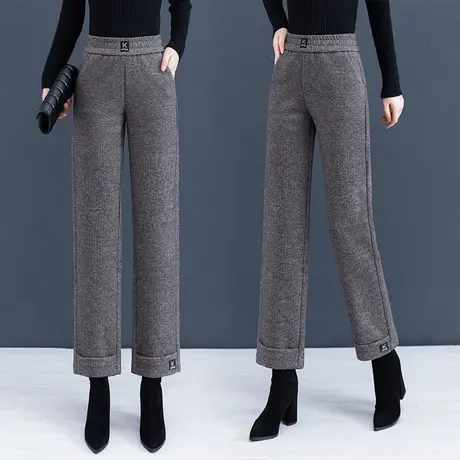 羊毛呢阔腿裤女翻边时尚加绒九分裤休闲2023冬新款加厚宽松直筒裤图片