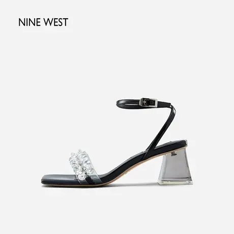 Nine West/玖熙高跟凉鞋夏季新款女款粗跟闪钻仙女风一字带凉鞋女图片
