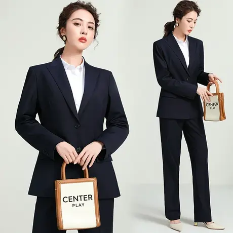 西装外套女春秋职业黑色小西服上衣大学生气质工作服正装套装藏青图片