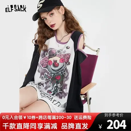 【商场同款】妖精的口袋露肩印花t恤女2023夏新款宽松设计感上衣图片