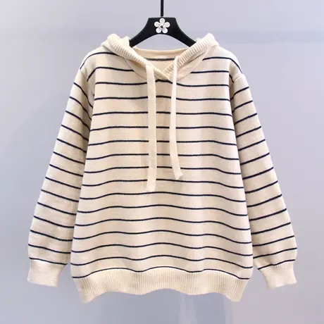 条纹连帽毛衣女秋冬2023新款宽松慵懒风设计感休闲百搭针织衫上衣图片