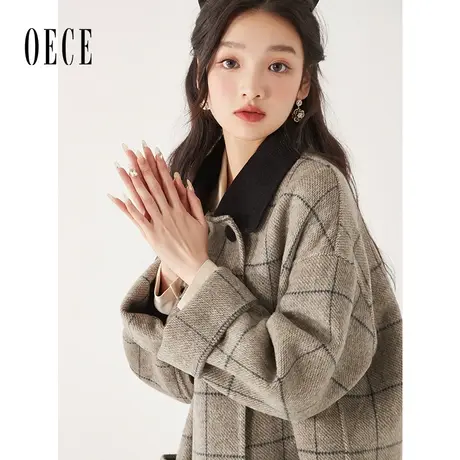 Oece高级感格纹呢大衣2023冬季新款女装复古双面羊毛呢外套中长款商品大图