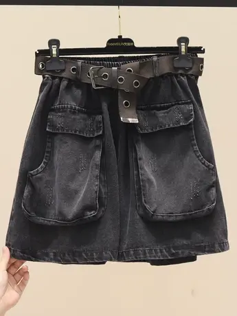 松紧腰牛仔短裤女夏季新款韩版休闲时尚百搭宽松大口袋阔腿裤裙女图片