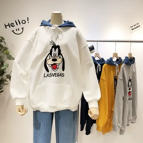 2020早春新款韩国东大门卡通狗牛仔领连帽假两件毛圈棉卫衣大码商品大图