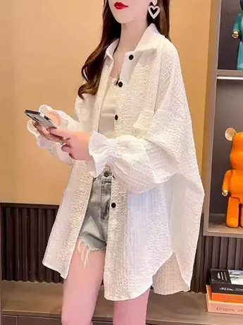 薄款防晒衣衬衫女2024新款夏季韩版宽松大码女装中长款衬衣外套潮商品大图