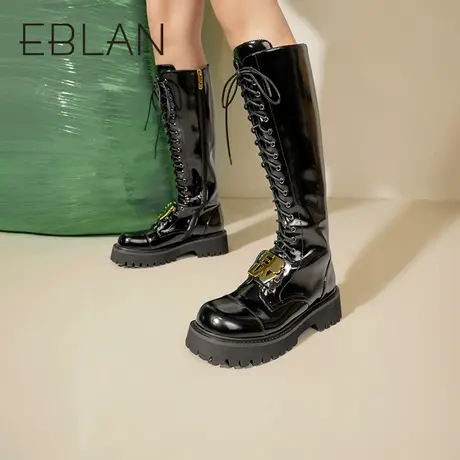 伊伴2022秋冬女鞋甜酷街头骑士靴高靴长靴系带高筒马丁靴瘦瘦皮靴图片