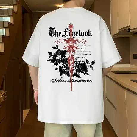 短袖t恤男夏季2025新款纯棉高街圆领半袖港风男生上衣潮牌体恤衫商品大图