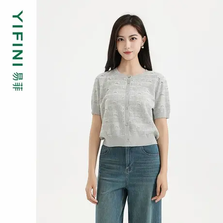 Yifini/易菲2025夏季新款短袖圆领针织开衫宽松短款毛衫外套上衣商品大图