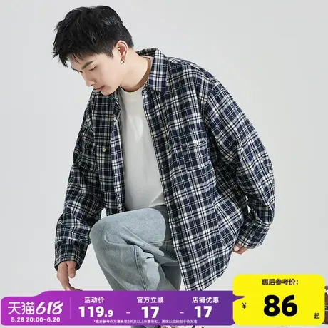 唐狮春秋季新款长袖格子衬衫男复古日系黑白格纹休闲男士衬衣外套商品大图