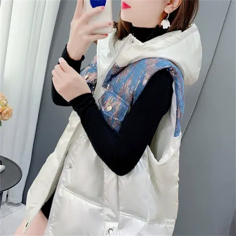 亮片拼接连帽棉服马甲女秋冬2022年新款宽松洋气减龄砍价外穿上衣商品大图