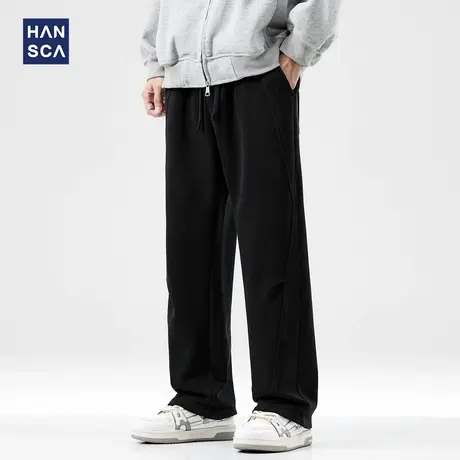 hansca 黑色直筒休闲裤男2024秋季宽松垂感潮牌拼接阔腿弹力长裤商品大图