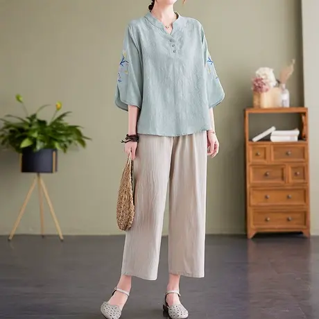 中老年女装棉绸睡衣女夏季妈妈棉麻套装宽松大码两件套休闲家居服商品大图