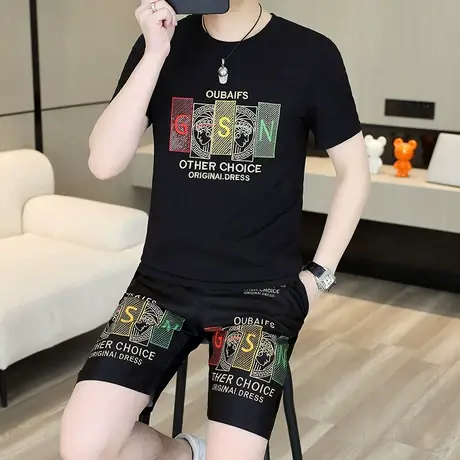 2025新款夏季男士冰丝短袖T恤套装潮流痞帅高档男装加大码两件套图片