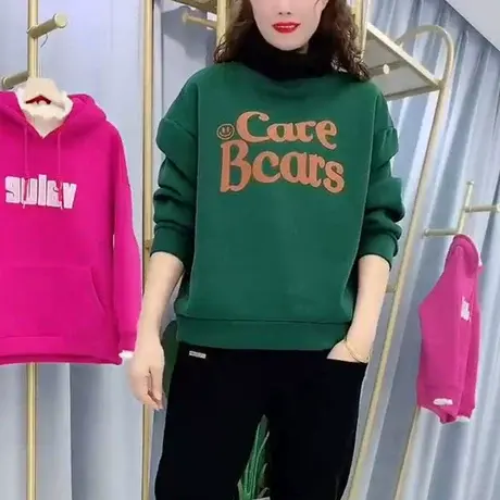 加绒假两件卫衣女加绒卫裤两件套装2023新款冬季加厚减龄上衣女潮商品大图