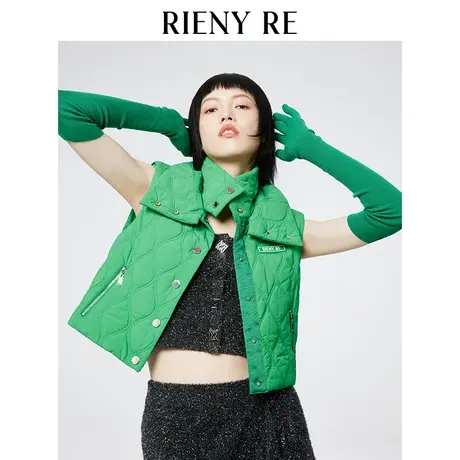 RIENYRE原创外套女秋冬爆款高级感绿色高领翻领装饰短款马甲无袖商品大图