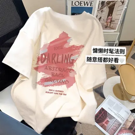 美式复古t恤女夏季胖mm大码宽松设计感正肩ins潮短袖遮肚上衣藏肉商品大图