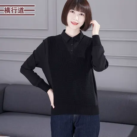 假两件衬衣拼针织毛衣长袖宽松上衣2023新款冬装休闲打底衫女外穿图片