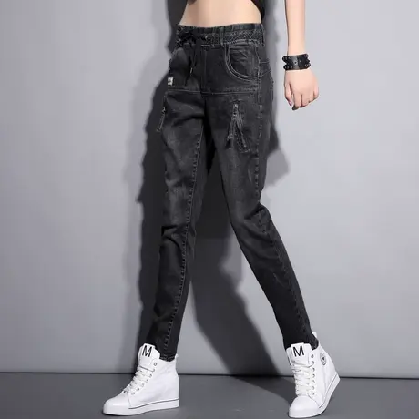 女士牛仔裤女2023年新款秋冬季老爹松紧高腰加绒萝卜裤小脚哈伦裤商品大图