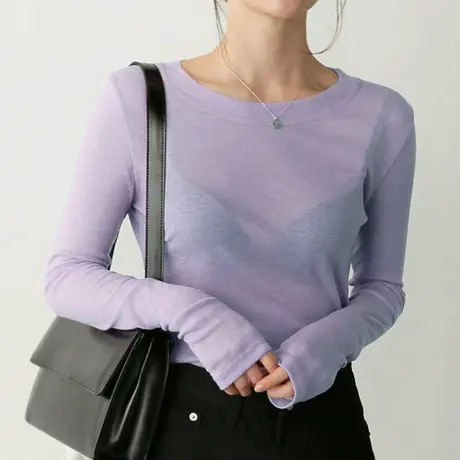 韩国2021夏季新款修身性感微透长袖t恤女纯色薄款内搭打底衫上衣商品大图
