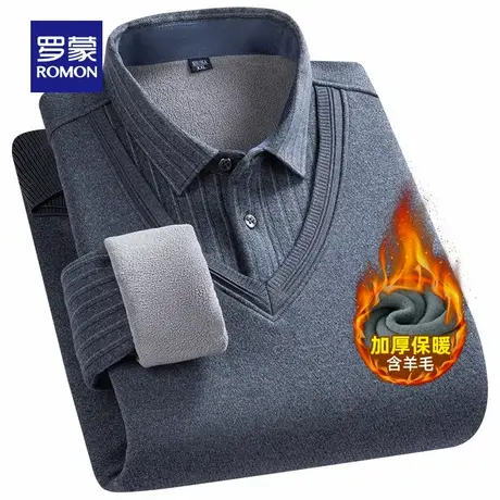 【含桑蚕丝+羊毛】罗蒙男士假两件针织衫2025冬季新款加绒毛线衣图片