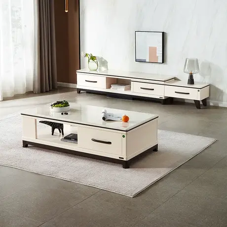 全友家居北欧风客厅小户型收纳储物一体伸缩岩板电视机柜茶几组合图片