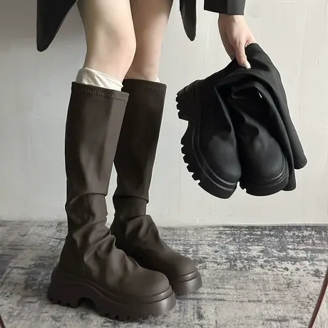厚底增高骑士靴女2025新款秋季爆款百搭显瘦长靴气质小个子堆堆靴图片