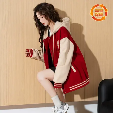 唐狮2025早春新款连帽加绒外套女设计感小众棒球服红色战袍新年k商品大图