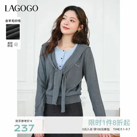 LAGOGO灰蓝撞色假两件针织衫女拉谷谷2025年秋新绑带风套头毛衣商品大图