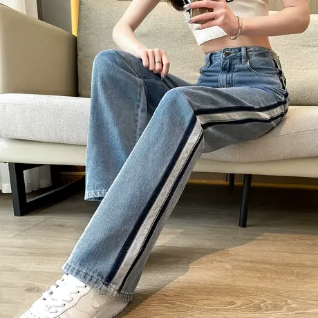 阔腿牛仔裤女春秋2023年新款高腰窄版显瘦ins撞色拼接直筒裤子潮商品大图