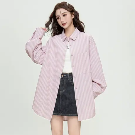 唐狮春秋女翻领条纹长袖衬衫简约宽松流行百搭ins风时尚TD图片