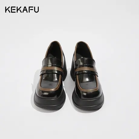 珂卡芙小皮鞋女2023新款秋季厚底增高小个子高跟鞋黑色粗跟乐福鞋图片