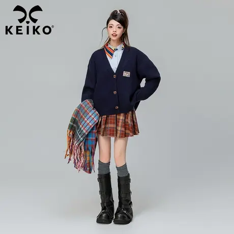 KEIKO 羊毛混纺毛衣外套女2023秋冬学院风慵懒宽松V领针织开衫厚图片