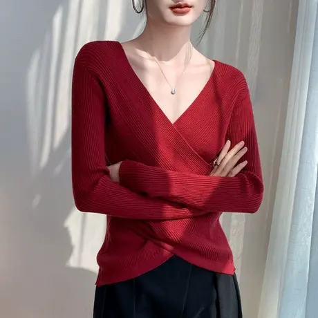 法式交叉领长袖针织衫女2023秋冬新品设计感小众修身减龄洋气上衣商品大图