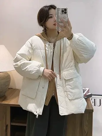 欧货大口袋羽绒服短款女新款韩版宽松立领白鸭绒棒球服外套面包服图片