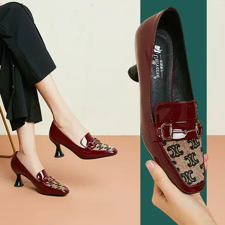 里外真皮方头春秋单鞋女新款舒适不累脚粗跟高跟鞋浅口女鞋图片