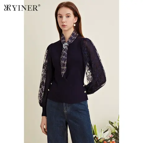 YINER音儿女装春季显瘦蕾丝网纱针织衫图片