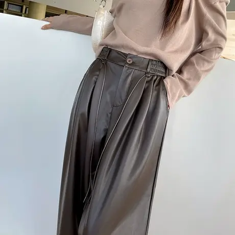 美式咖色抽绳PU皮裤女春秋新款宽松直筒高腰垂感拖地休闲阔腿裤子商品大图