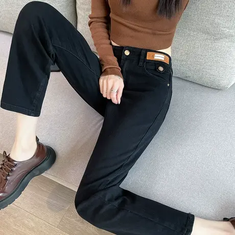 黑色直筒牛仔裤女春秋装2024年新款高腰八分九分小个子烟管裤子女商品大图