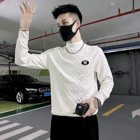 高级感个性提花半高领毛衣男秋冬小众打底针织衫纯色内搭修身线衣商品大图