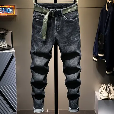 2021秋冬款牛仔裤男士修身小脚潮牌直筒潮流黑色长裤子男宽松百搭商品大图