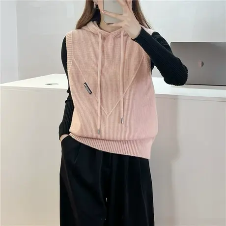 2023新款韩版女士马甲背心坎肩毛衣马夹连帽宽松针织衫毛线学院风图片