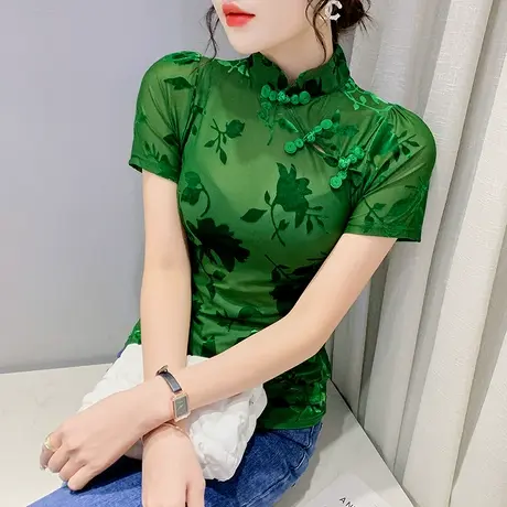 性感透视网纱T恤女短袖复古气质盘扣上衣半袖夏装植绒印花小衫潮商品大图